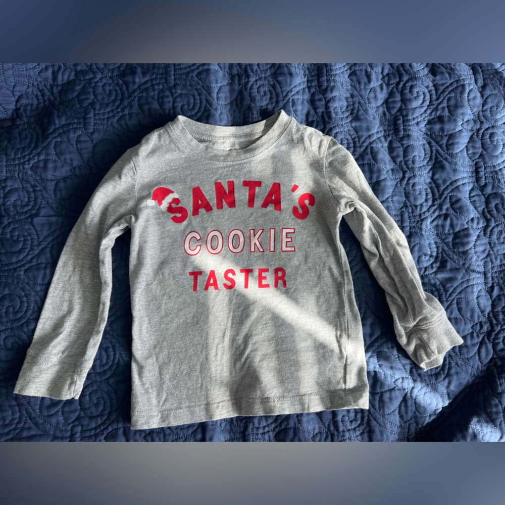 Carters long sleeve grey tshirt.  Size 2T.  Santa’s cookie taster.